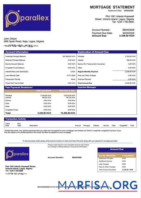 Realistic Nigeria Parallex Bank mortgage statement Word and PDF template